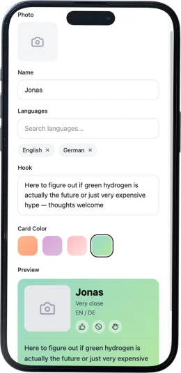 Create your MINGOL profile with languages, a conversation hook, and a card color.